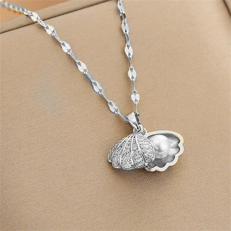 Fashion Shell Starfish Pearl Pendant Necklace for Women Stainless Steel Zircon Heart Clavicle Chain Summer Beach Jewelry Gift