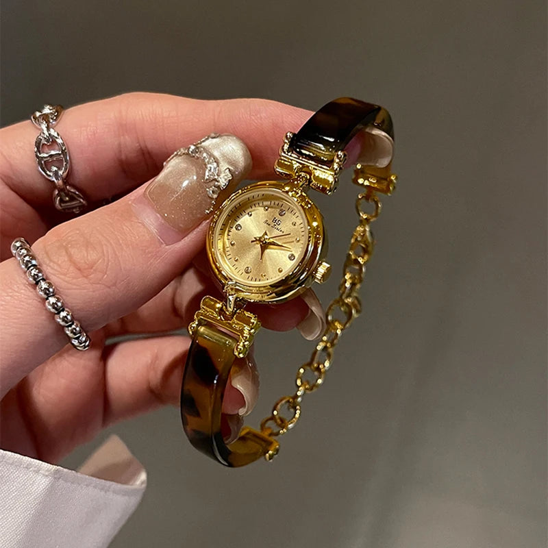 Bee Sister Women's Wristwatch Elegant Tortoiseshell Amber Fashion Vintage Golden Bracelet Chain Quartz Watch Women Gift