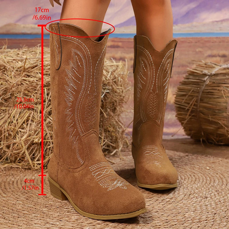 2025 Vintage Embroidery Western Boots Women Plus Size 36-43 Thick Heels Mid Calf Boots Woman Autumn Winter Slip On Cowgirl Botas