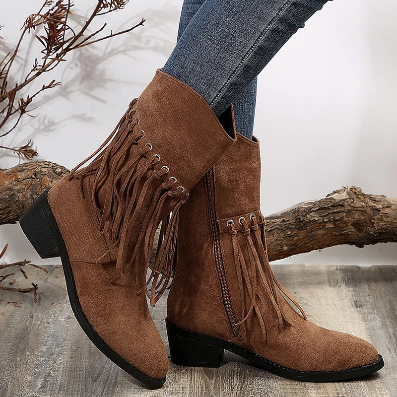 Vintage Tassels Thick Heels Mid Calf Boots Women Autumn Winter Pointed Toe Western Boots Woman Plus Size 43 Zipper Cowboy Botas