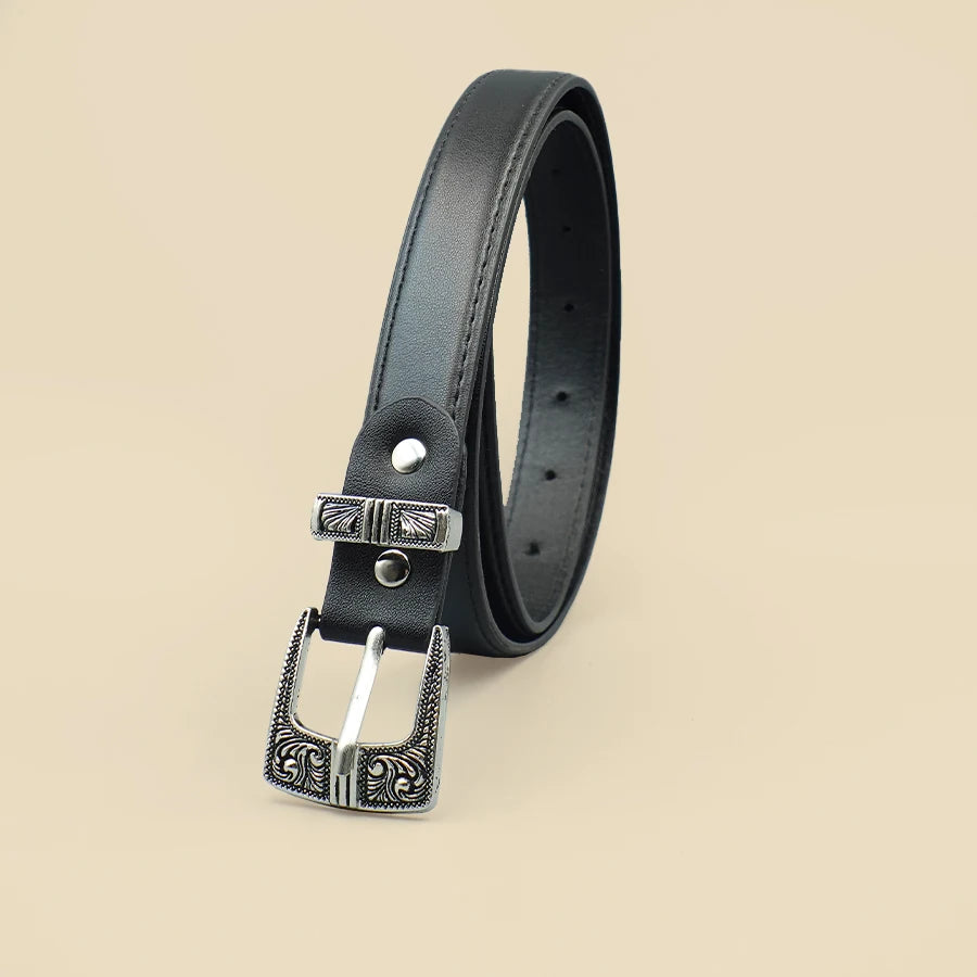Black Border Women's Belt Solid Color Casual Daily Belt Silver Carved Alloy Buckle Daily Commuting Date Fashion Accessories