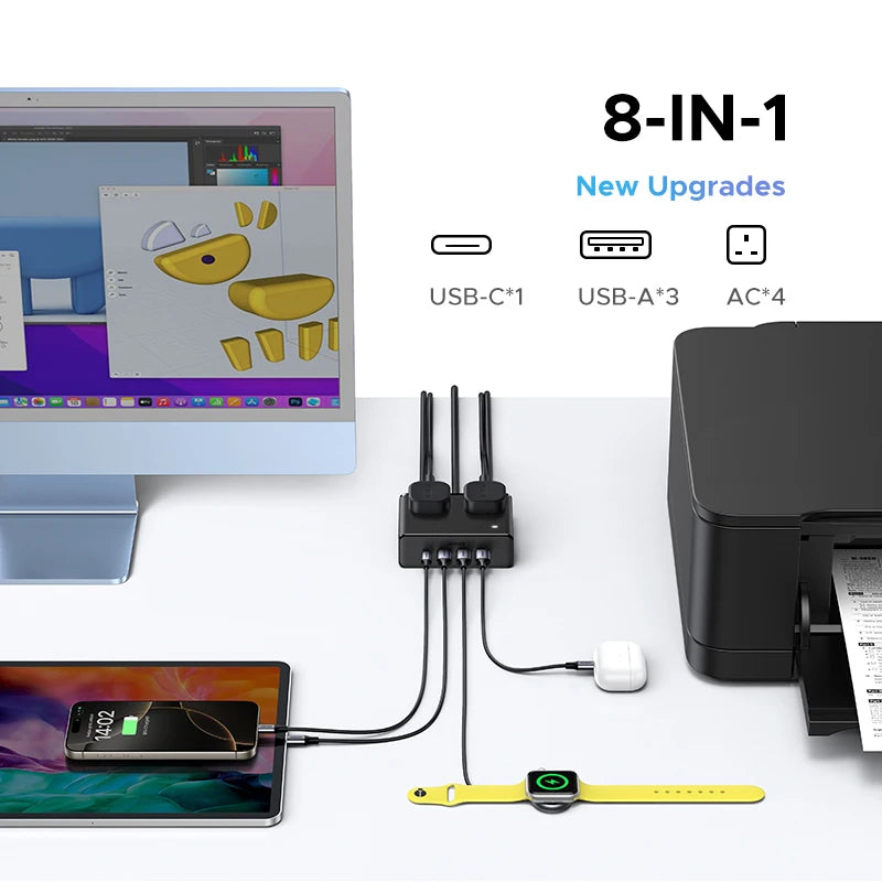 6in1 Power Strip UK/US Plug 2 AC 3 USB-A 1 USB-C 2990W 13A 250V Surge Protector