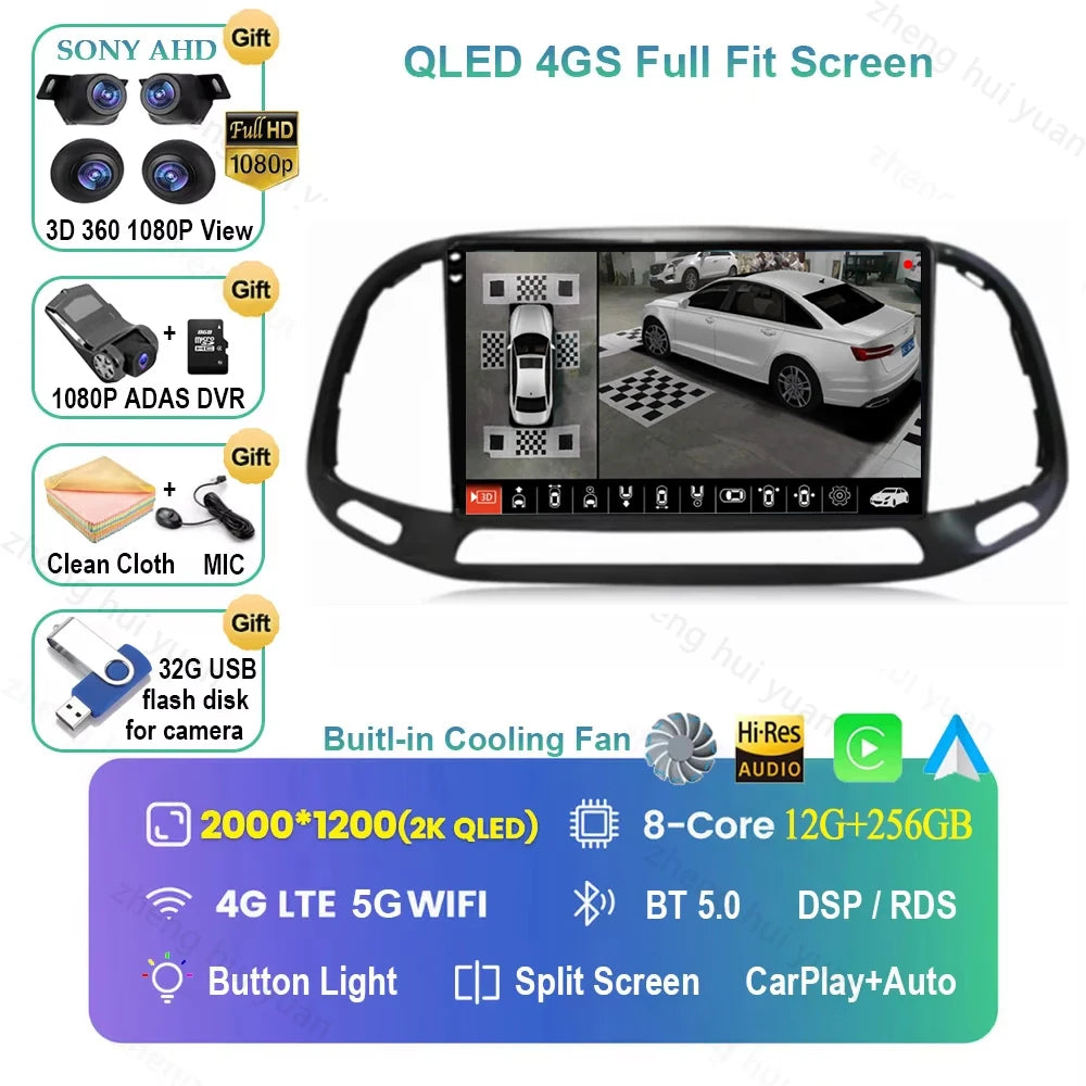 For Fiat Doblo 2015 - 2018 2019 2020 Android 16 GPS WIFI 4G Carplay&Auto Car Radio Navigation QLED Multimedia Stereo Player BT