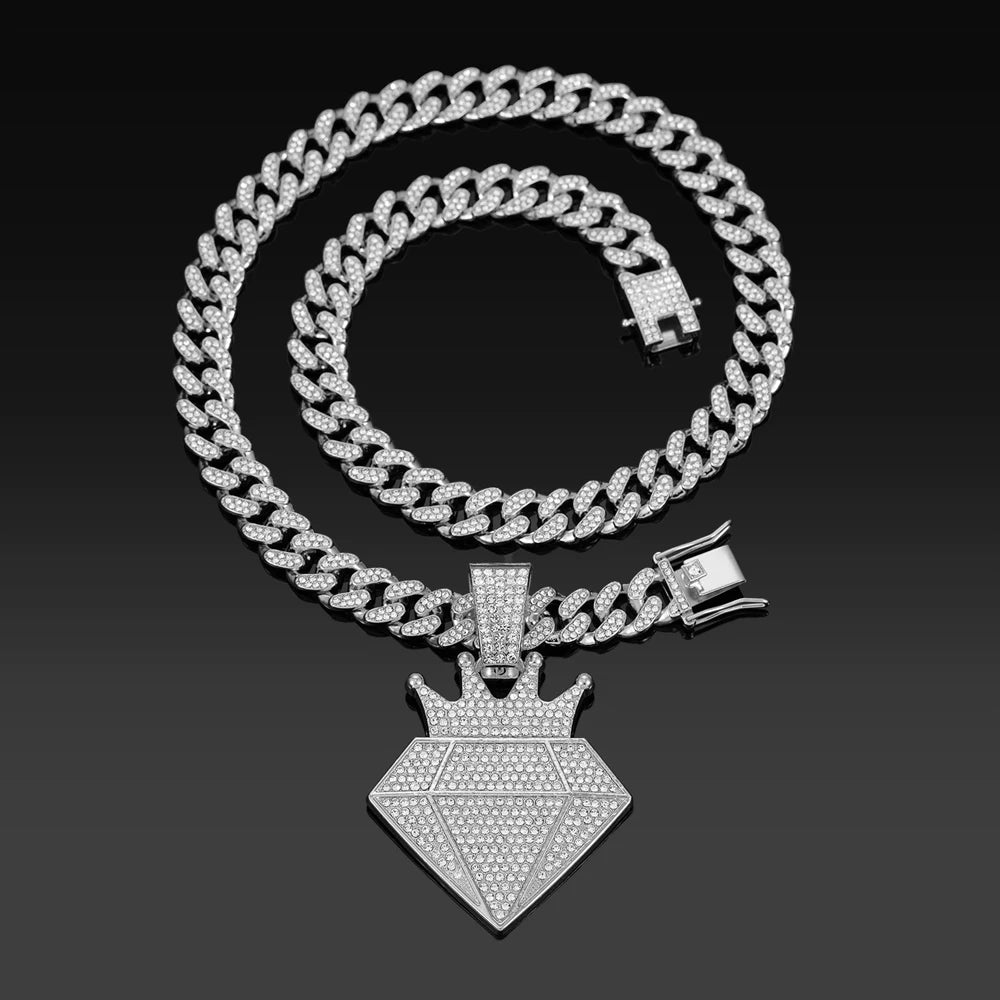 High Quality Hip Hop Alloy Full Diamond Crown Necklaces With 13mm Cuban Chain Diamond Shape Pendants For Men Charm Jewelry Gifts