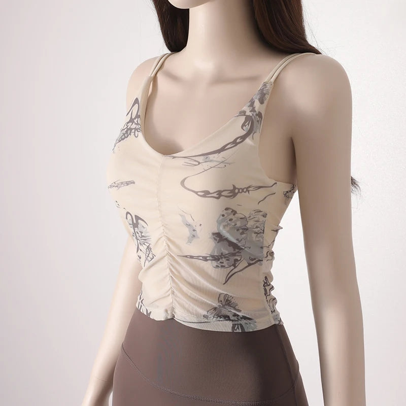 Women's Beauty Back Yoga Bra Sling Fixed One-Piece Chest Pad Sports Underwear Printed Pleated Navel Fitness Tops
