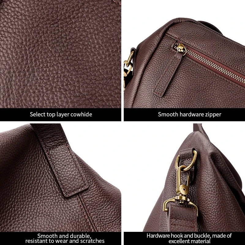 Genuine Cowhide Leather Large Slouchy Tote Bag for Women Pebbled Leather Foldable Shoulder Crossbody Bag Casual Leather Yoga Bag