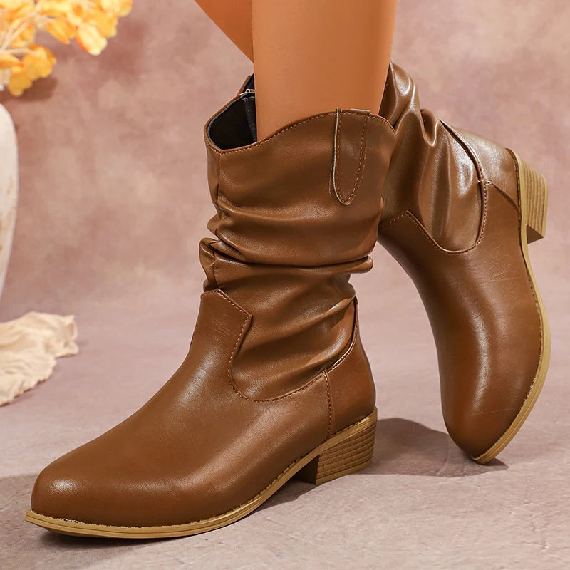 Brown Pu Leather Pleated Ankle Boots Women Plus Size 36-43 Thick Heeled Western Booties Mujer 2025 Slip On Cowboy Boots Woman