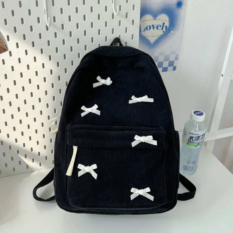 Cute Bowknot Aesthetic Backpacks Lightweight School Bookbags Students Sweet Rucksack for Girls Women's Corduroy College Mochilas