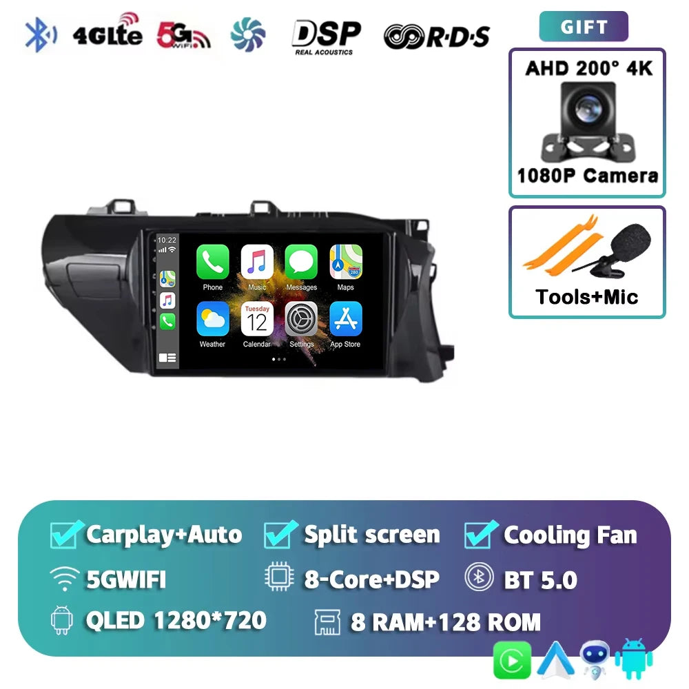 Car Radio For Toyota Hilux RHD 2015 2016 2017 2018 2020 2021 2023 Wireless Carplay Android Auto Multimedia Player Stereo WIFI 4G