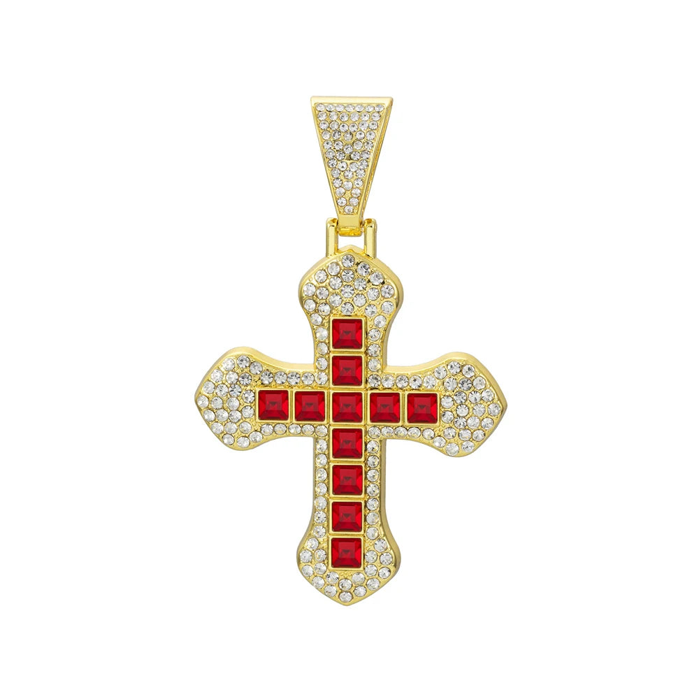 New Iced Out Bling Cross Pendant Necklace Rectangle Rhinestone Red Charm Hip Hop Men Cuban Chain Party Jewelry Accessories Gift