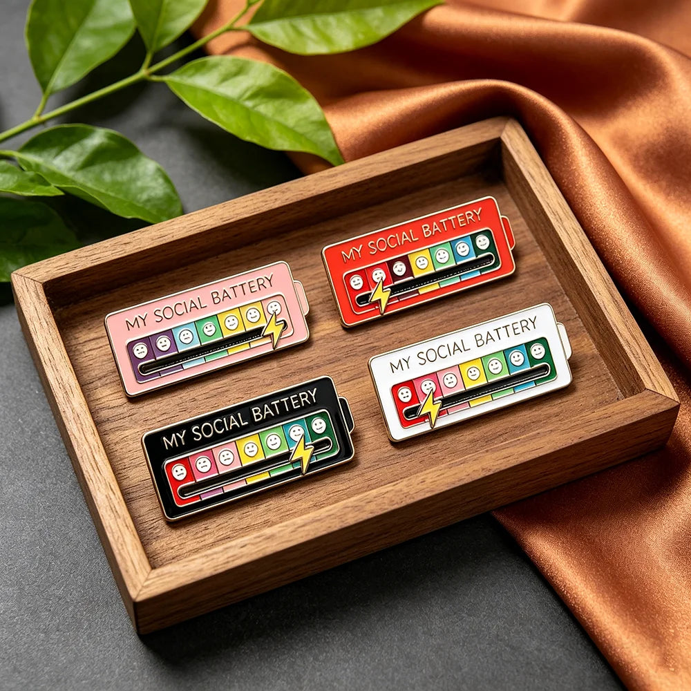 4pcs My Social Battery Brooch For Women Men Creative Slideable Mood Pins Enamel Badge Funny Creative Gifts for Backpack