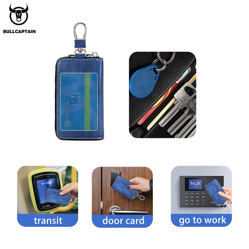 BULLCAPTAIN Men's Genuine Leather Key Case New Home Car Key Clip Men's Leather Key Case Mini Practical Key Chain Zipper Key Case