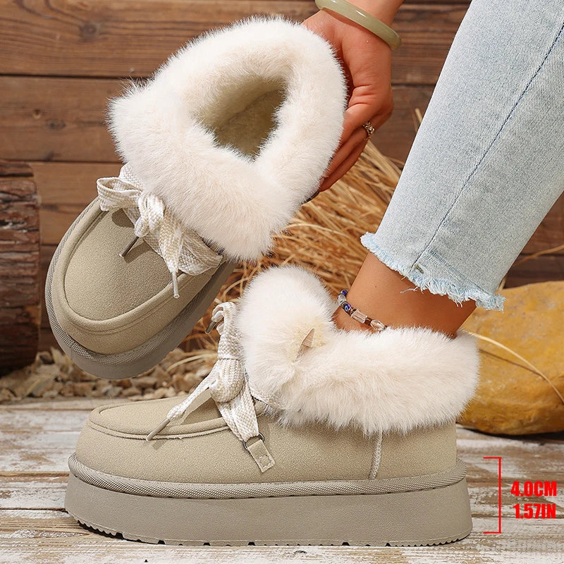 Faux Fur Thick Bottom Snow Boots Women Cross Lace Up Thicken Plush Warm Winter Boots Woman Slip On Platform Ankle Booties Mujer