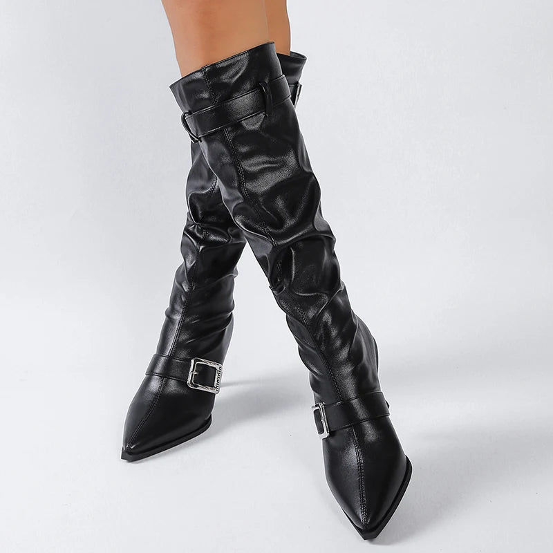 Sexy Black Pointed Toe Knee High Boots Women Fashion Belt Buckle Thin Heel Long Boots Woman Pu Leather High Heel Botas Mujer 42