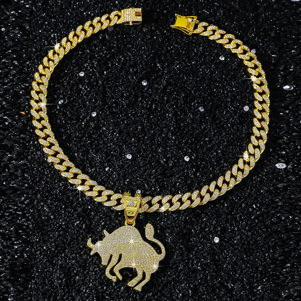 Men Hip Hop Animal Cow Shape Pendant Necklace with 13mm Cuban Chain HipHop Iced Out Bling Hiphop Necklaces Rock Jewelry Gift