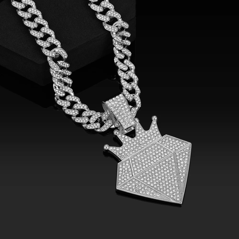High Quality Hip Hop Alloy Full Diamond Crown Necklaces With 13mm Cuban Chain Diamond Shape Pendants For Men Charm Jewelry Gifts