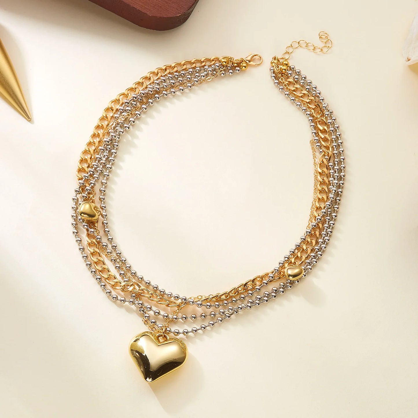 Punk Gold Color Heart Pendant Necklace for Women 2026 Trendy Multi-layer Charm Link Chain Beaded Choker Y2K Jewelry Accessories