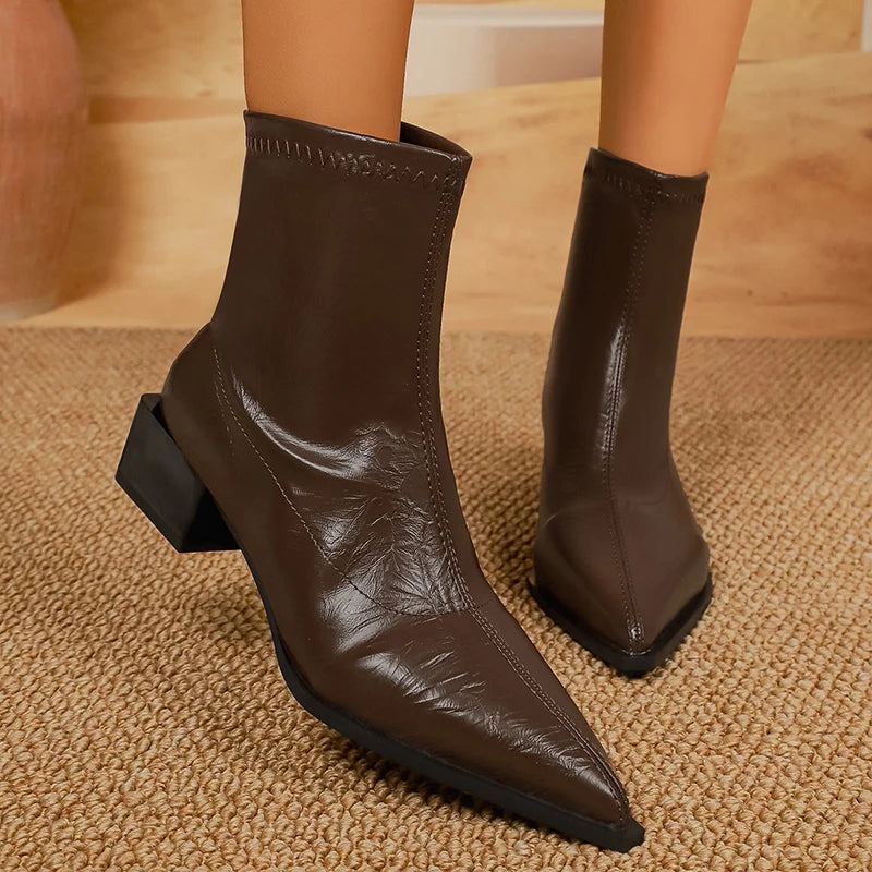 British Style Pointed Toe Ankle Boots for Women Fashion Thick Heels Pu Leather Boots Woman 2025 Slip On Short Booties Mujer