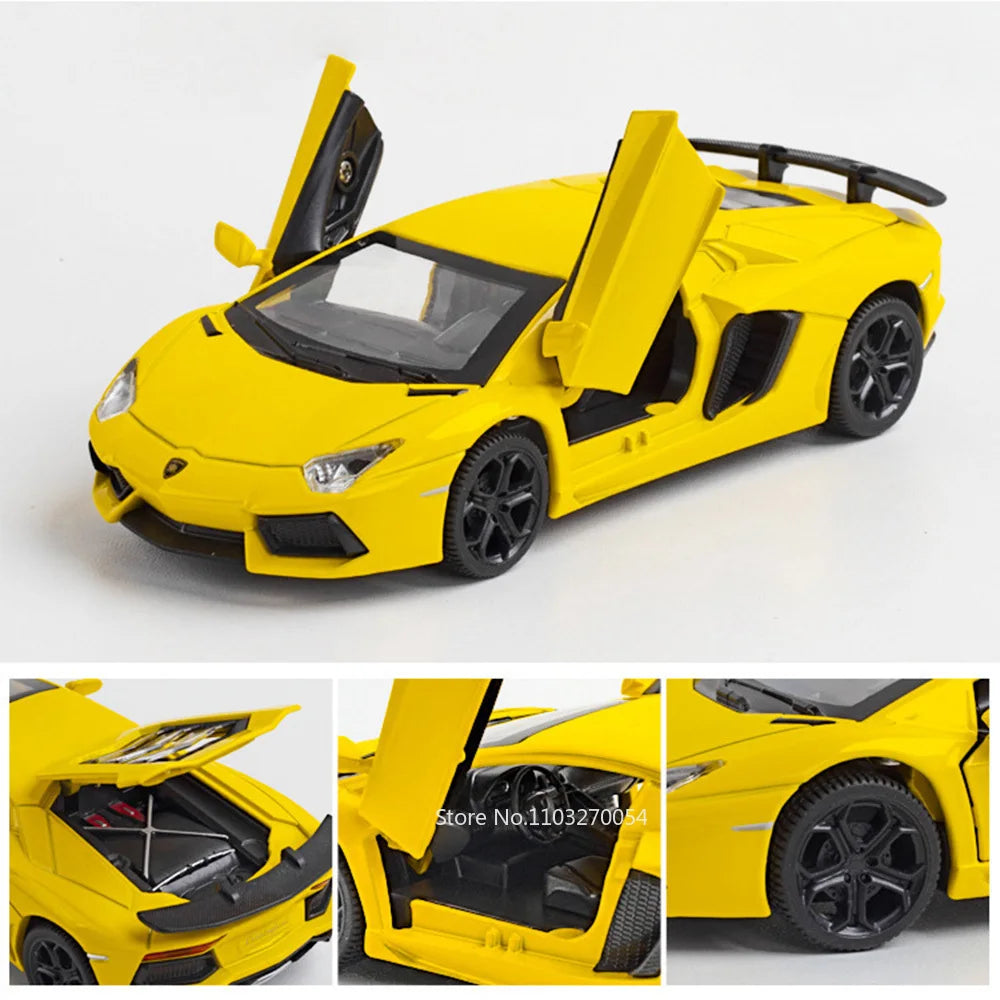 1/32 LP740 Sian Toys Model Car Diecast Alloy Sports Car Metal Body Rubber Tire Doors Opened Sound Light Pull Back Toy Kid Gifts