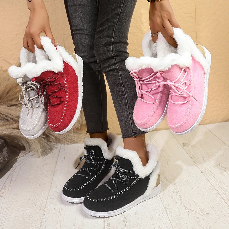 Red Thick Plush Lace Up Snow Boots Women Plus Size 43 Non Slip Sole Cotton Shoes Woman Comfortable Warm Fluffy Winter Boots