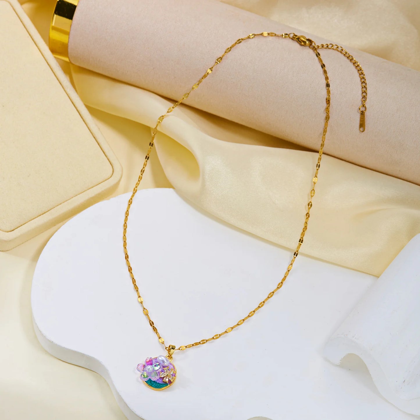 Vintage Purple Enamel Flower Gold Tone Necklace for Women Dainty Floral Pendant Chain Delicate Layered Jewelry Gift
