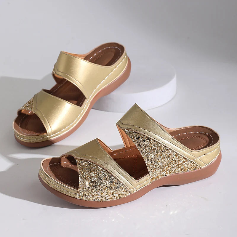 Golden Glitter Platform Sandals for Women Summer Lightweight Wedge Heel Sandles Woman Plus Size 43 Thick Sole Sandalias Mujer