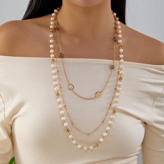 Kpop Multilayer Imitation Pearl Choker Necklace for Women Vintage Gold Color Tassel Clavicle Chain Neck Jewelry Accessories Gift
