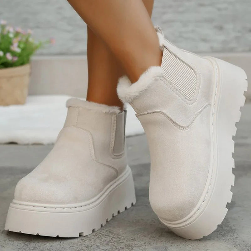 British Style Solid Color Platform Snow Boots Women Winter Soft Short Plush Warm Ankle Boots Woman Faux Suede Booties Female