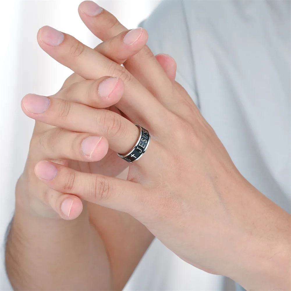 Punk Black Jesus Ring for Men, Never Fade Cross Stainless Steel Signet Ring