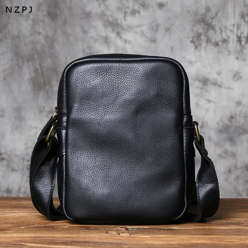 NZPJ Leather Mens Shoulder Bag Casual Crossbody Bag Natural Cowhide Vertical Bag
