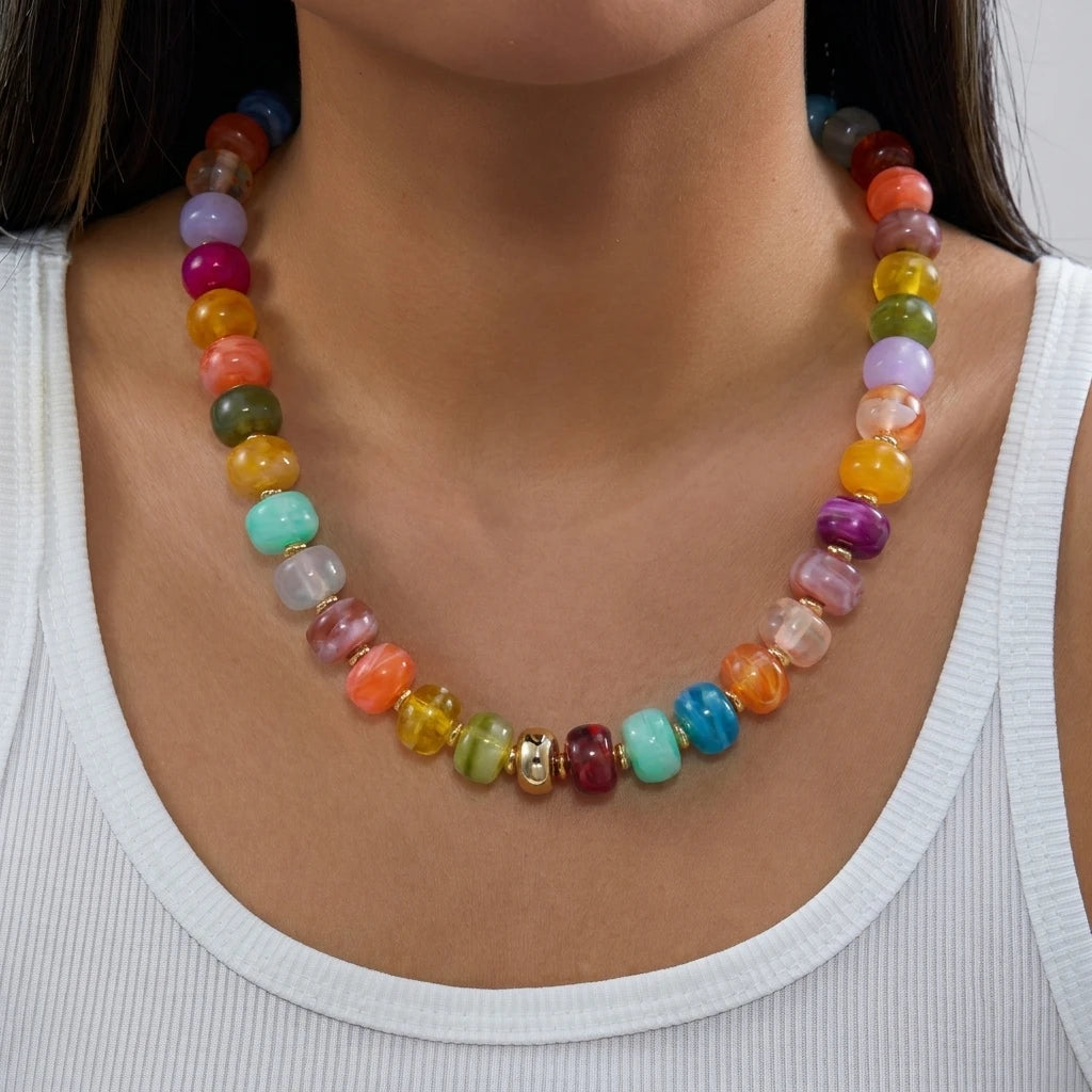 Chunky Dopamine Colorful Resin Bead Necklace for Women Y2K Aesthetic Rainbow Candy Pendant Necklace Statement Jewelry