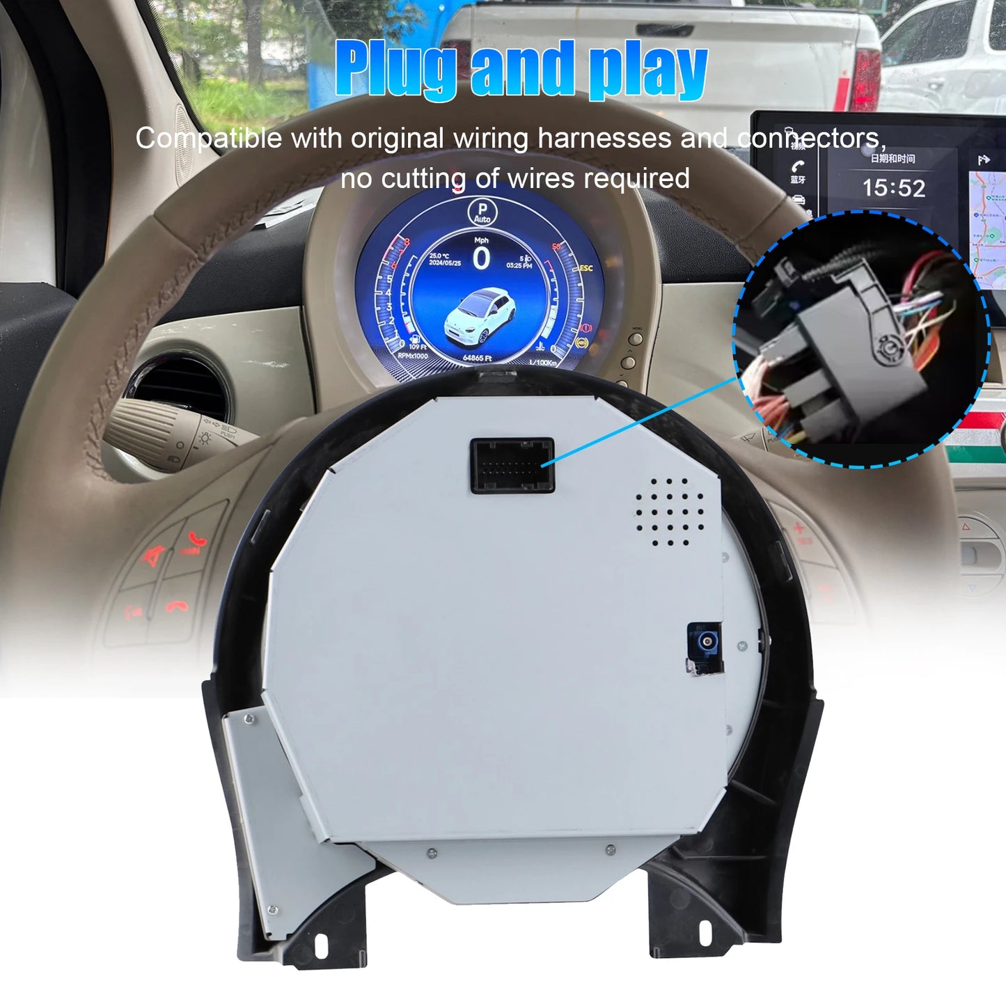 Cluster digital instrument cluster For Fiat 500 2007-2024 LCD instrument panel Speedometer  iOS CarPlay and Android Auto