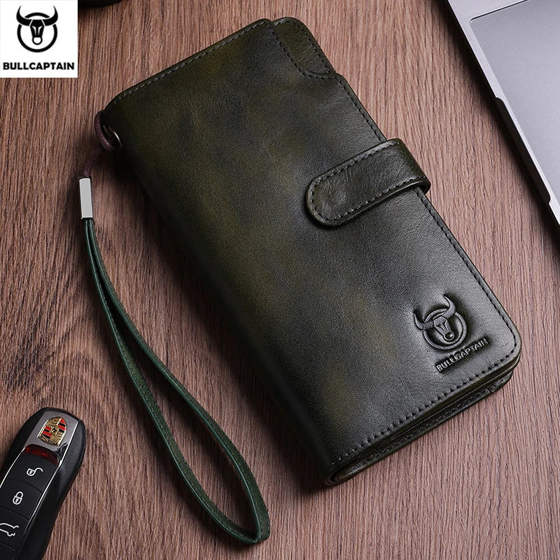 BULLCAPTAIN Men's Genuine Leather Wallet RFID Function Can Place 6.5-inch Mobile Handbag High Quality Multi Card Long Wallet