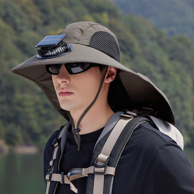 9217Ultra-wide brim sun hat, 1pc solar fan hat, waterproof bucket hat for fishing, hiking and camping