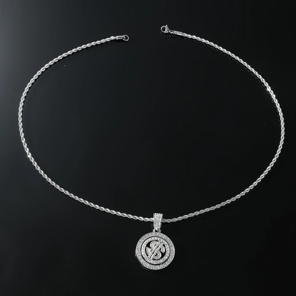Hip Hop New Bling Rhinestone Dollar Pendants Necklace Rotatable US Dollar Money Sign Necklaces Men Hiphop Rap Rock Jewelry Gift