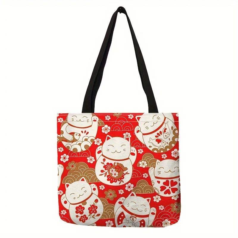 1pc Cute Cat Print Tote Bag, Lucky Fortune Shoulder Bag, Women's Fashion Handbag