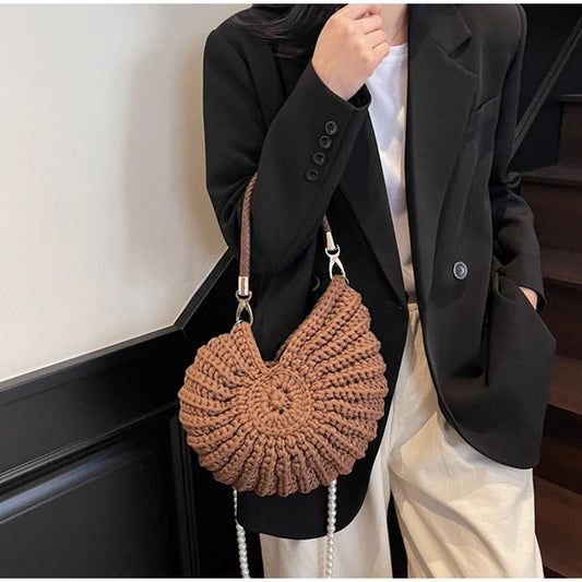 Brown Conch Shell Knit Crossbody Shoulder Bag Pearl Chain Woven Women Classy Bag