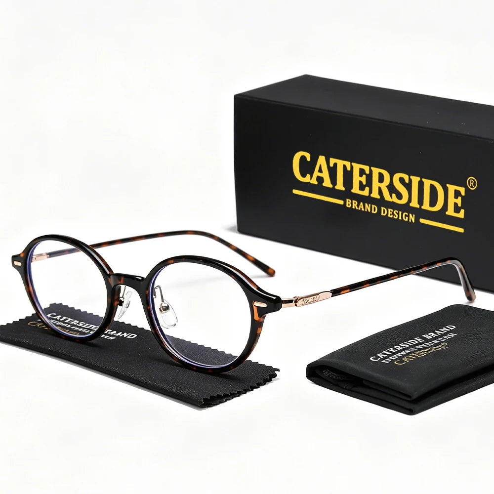 CATERSIDE Vintage Men's Flat Lens Premium Tr-90 Round Small Frame Glasses Holder Women's Outdoor Business Festival Gift Glasses