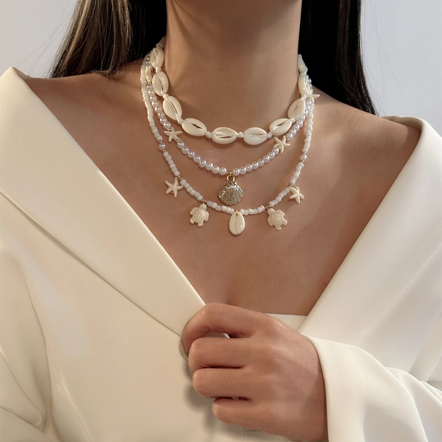 3Pcs/Set Vacation Shell Turtle Starfish Faux Pearl Beaded Necklace Summer Beach Ocean Theme Boho Jewelry For Women