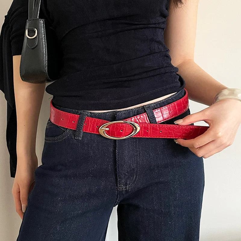 Fashionable Korean Style With Lychee Pattern Women's Belt 2025 Red High-End Versatile Simple Ins Style Decoration Belt Trend