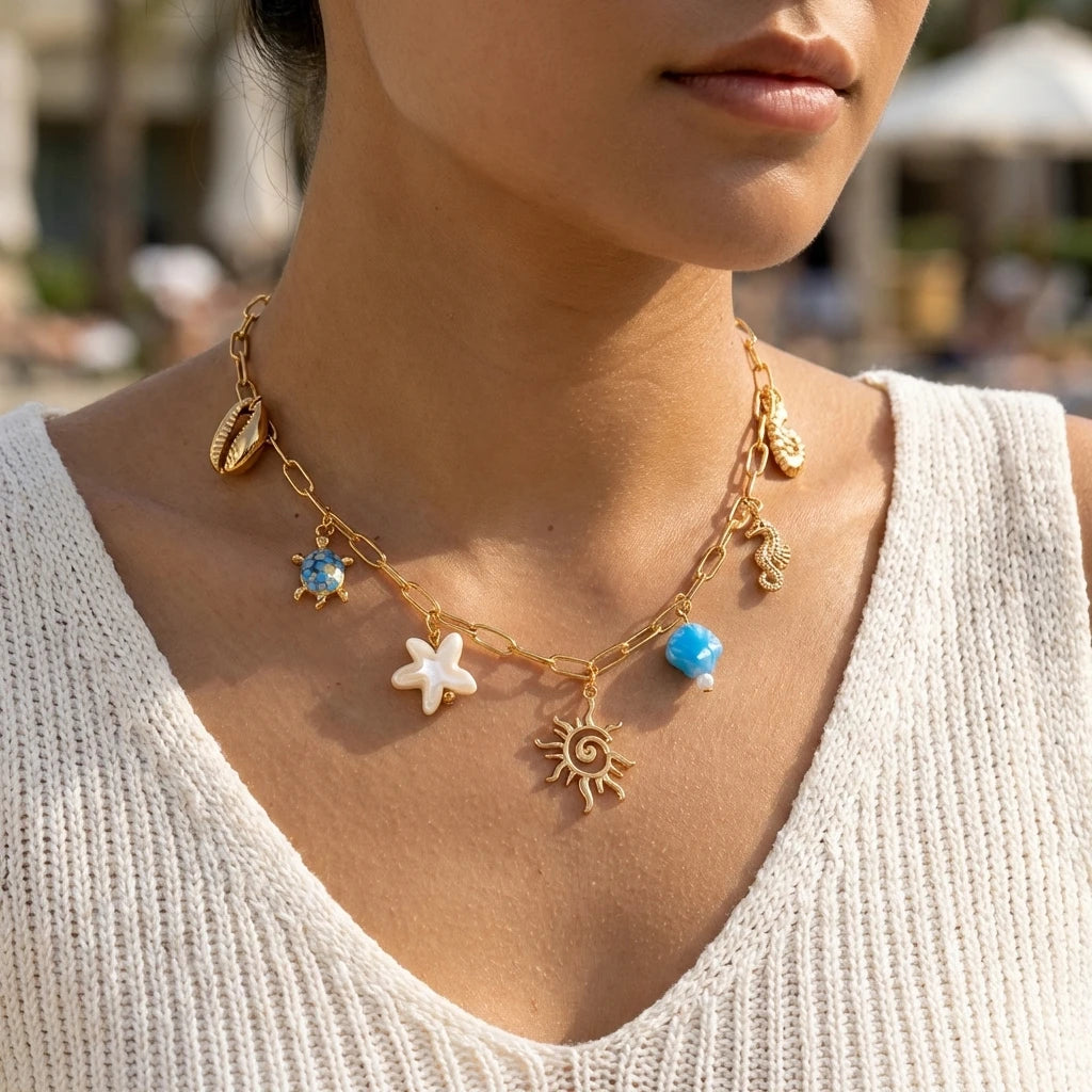 Bohemian Ocean Charm Necklace For Women Gold Tone Sun Starfish Turtle Shell Conch Summer Beach Jewelry