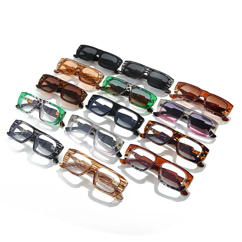 JNPCXI New Square Rivets Sunglasses Women Fashion Gray Stripe Gradient Shades UV400 Men Clear Lens Frame