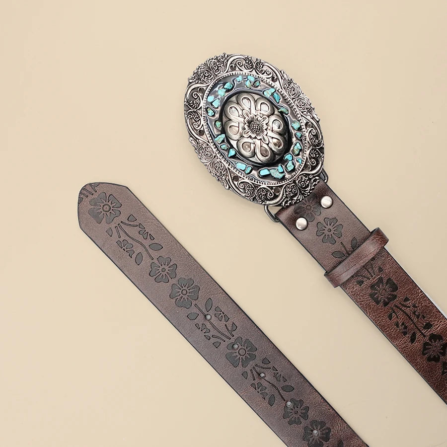 Palace Style Casual Retro Women's Belt Design with Gemstone Inlay Alloy Buckle Belt, Girls' Decorative Accessories Holiday Gifts