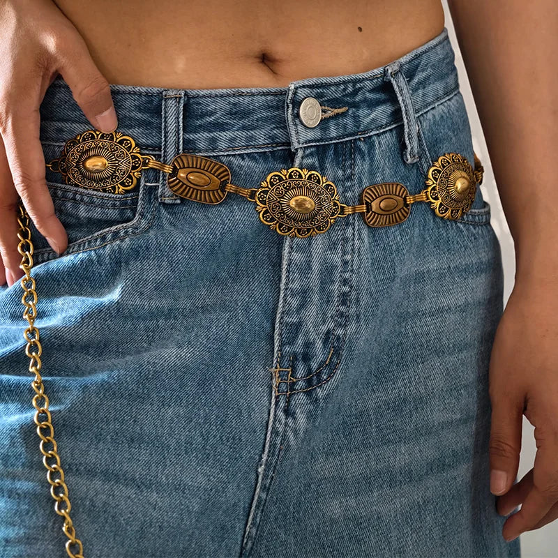 High Quality Metal Women's Waist Chain Gold Durable Retro Western Cowboy Adjustable Carved Chain Belt Jeans Metal Waistband