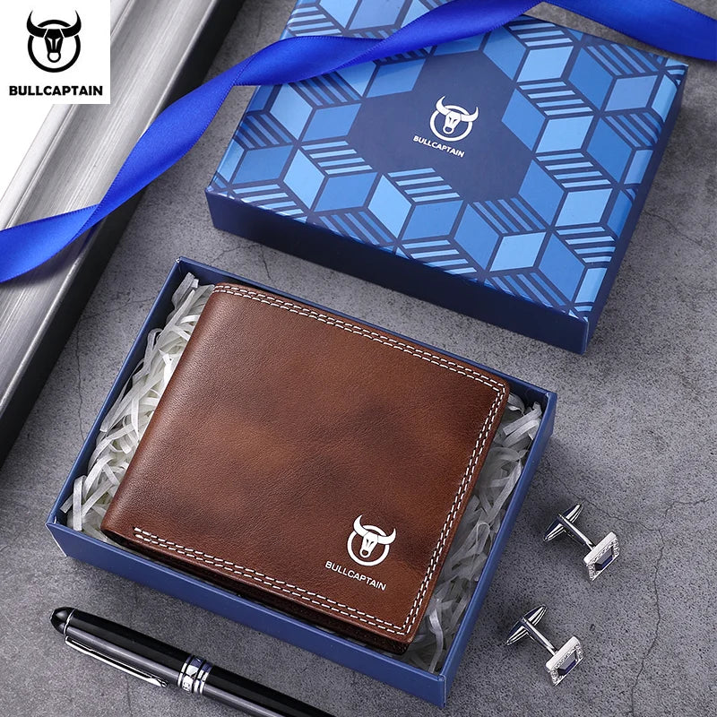 BULLCAPTAN Genuine Leather Men's Wallet RFID Function Fashion Men's Card Clip Wallet Latest Gift Box Men's Business Wallet QB032