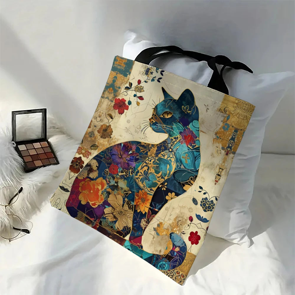 Floral Cat Pattern Tote Bag, Aesthetic Canvas School Shoulder Bag light Shop Bag