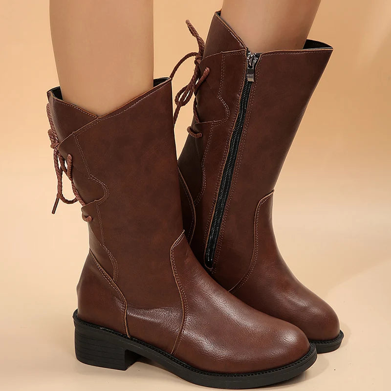 Lace Up Decor Thick Heel Mid Calf Boots Women Fashion Plus Size 43 Zipper Pu Leather Boots Woman Med Heel Autumn Winter Botas