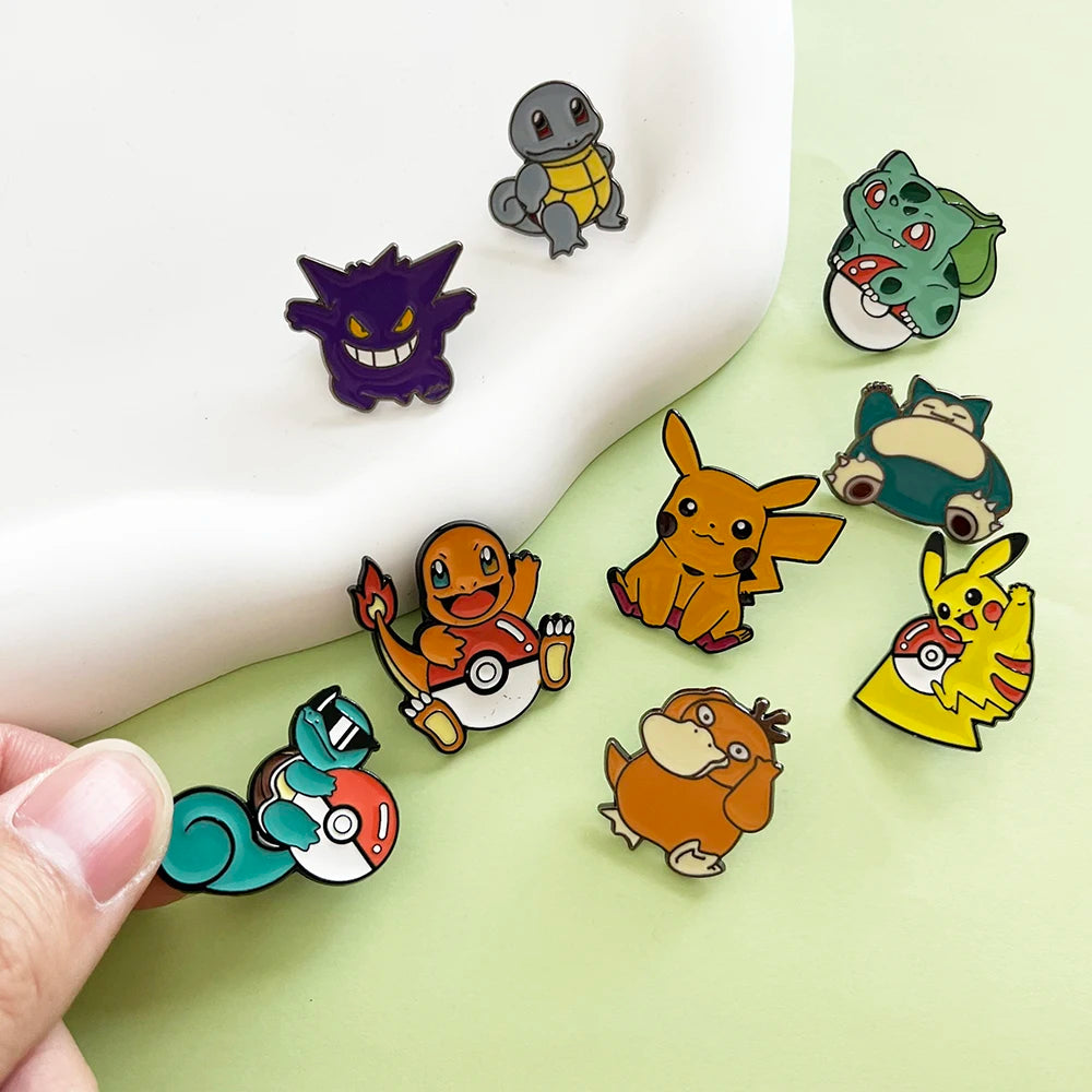 9pcs Pokemon Anime Enamel Pins Set - Pikachu Charmander Squirtle Bulbasaur Gengar, Metal Brooch Badges for Kids Cosplay Party