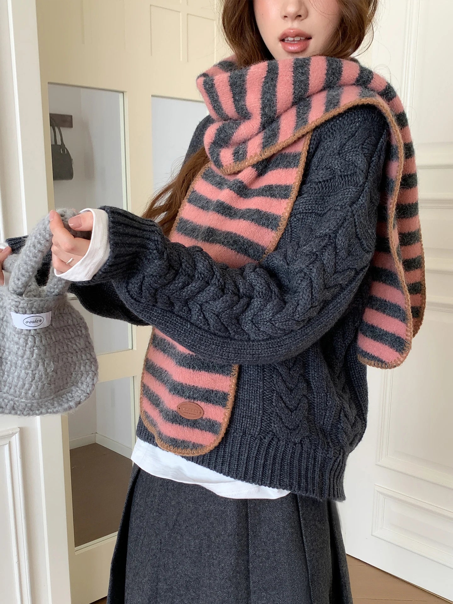 New Striped Scarf For Women Winter Atmosphere Student Thickened Woolen Knitting Neck Protection Cold Resistance Warmth