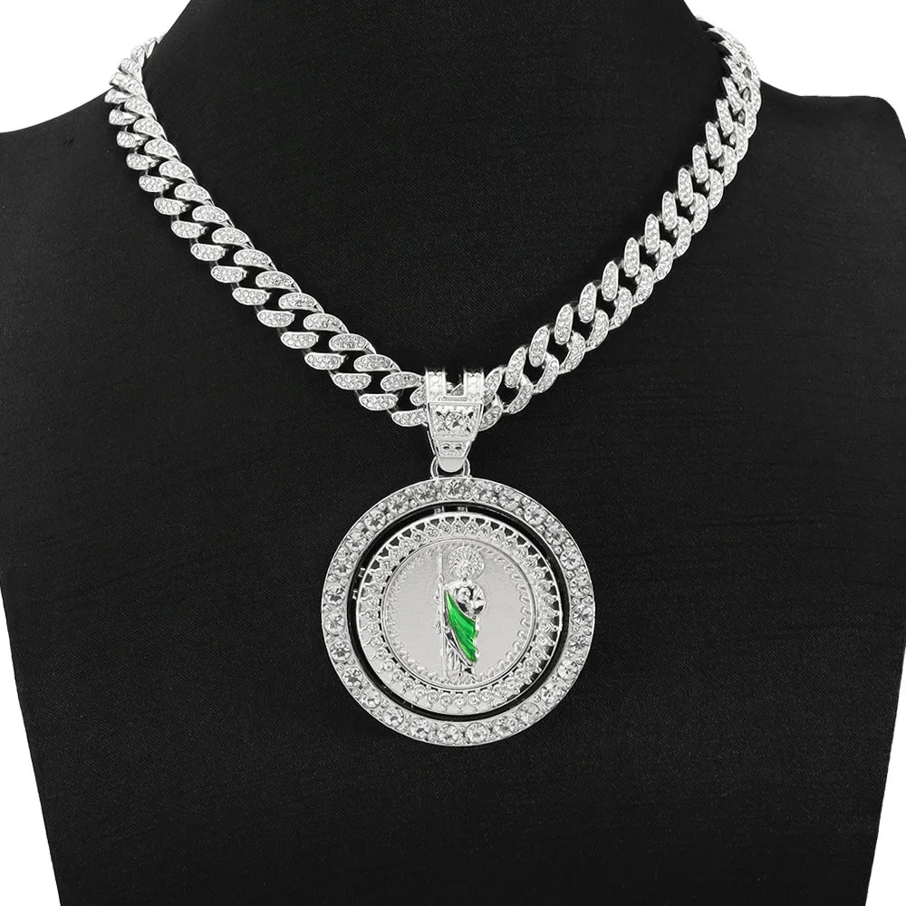 Men's Hip Hop Rotatable St. Jude San Judas Pendant Necklace with Cuban Chain Religious rotation Saint Jude Idol Pendants Jewelry